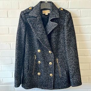 michael kors wool blend black grey tweed pea coat gold buttons